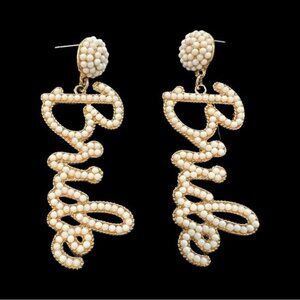 Beaded Bride Statement Earrings Gold & White Dangle Bridal Jewelry Wedding Acces